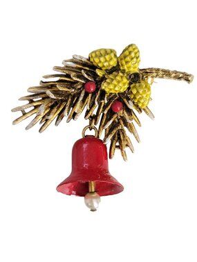 ART Arthur Pepper Vintage Red Enamel Bell Snowy Pine Boughs Brooch, Signed